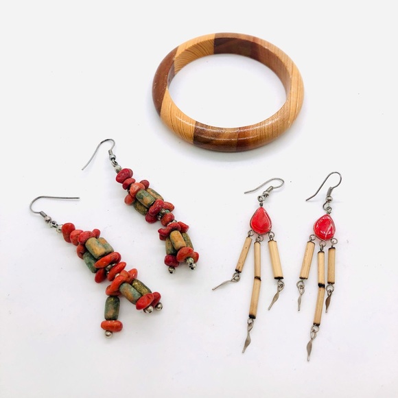 Vintage Southwestern Earrings & Wood Bangle Bracelet - Picture 1 of 9
